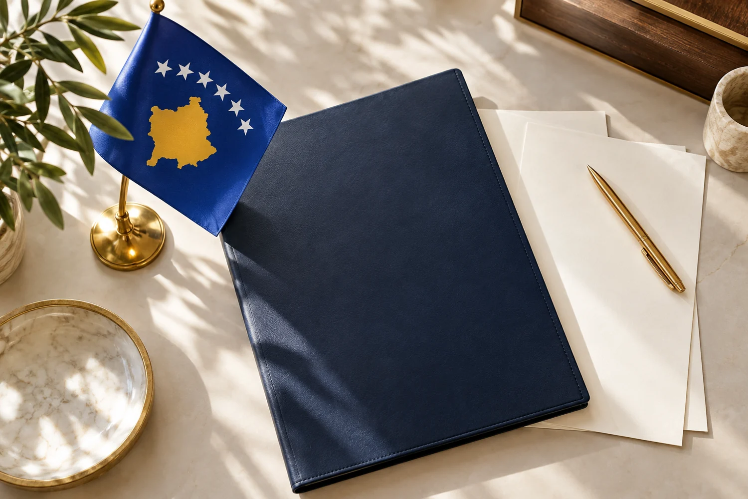 Belge hazırlığını temsil eden yapay zekâ ile üretilmiş Kosova bayrağı ve evrak klasörü